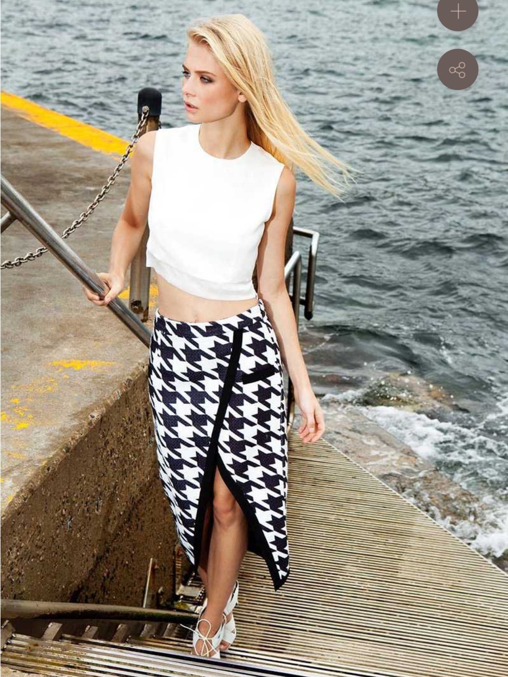 Elliatt Black & White Houndstooth Wrap Midi Skirt